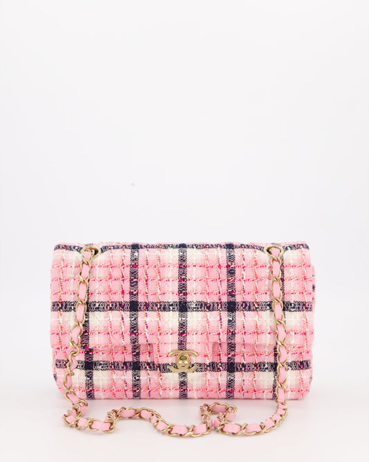 Chanel White, Pink & Black Multicolour Tweed Medium Classic Double Flap Bag with Champagne Gold Hardware