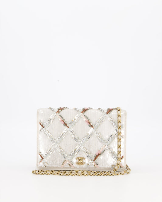 Chanel Silver Cruise Wallet on Chain Bag in Lambskin Leather with Sequin Embroidered and Champagne Gold Hardware