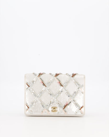 Chanel Silver Cruise Wallet on Chain Bag in Lambskin Leather with Sequin Embroidered and Champagne Gold Hardware