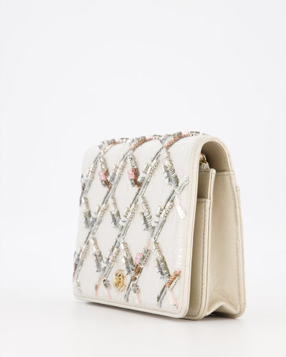 Chanel Silver Cruise Wallet on Chain Bag in Lambskin Leather with Sequin Embroidered and Champagne Gold Hardware