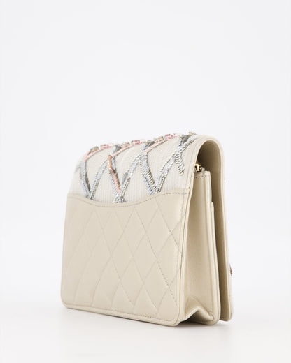Chanel Silver Cruise Wallet on Chain Bag in Lambskin Leather with Sequin Embroidered and Champagne Gold Hardware