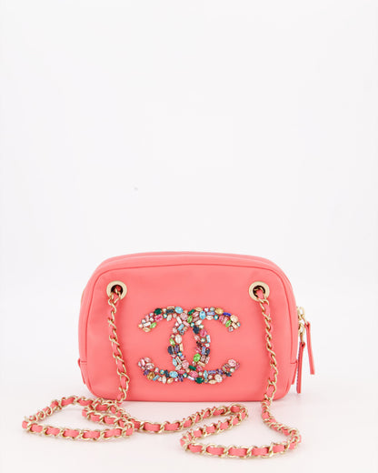 Chanel Coral Pink Small Camera Bag in Lambskin Leather with Multicolour Crystal CC Logo & Champagne Gold Hardware