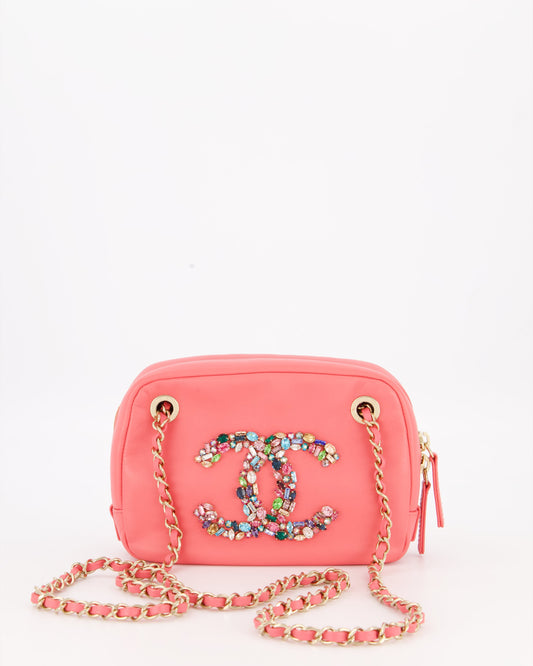 Chanel Coral Pink Small Camera Bag in Lambskin Leather with Multicolour Crystal CC Logo & Champagne Gold Hardware
