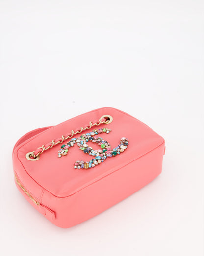 Chanel Coral Pink Small Camera Bag in Lambskin Leather with Multicolour Crystal CC Logo & Champagne Gold Hardware