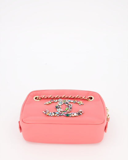 Chanel Coral Pink Small Camera Bag in Lambskin Leather with Multicolour Crystal CC Logo & Champagne Gold Hardware