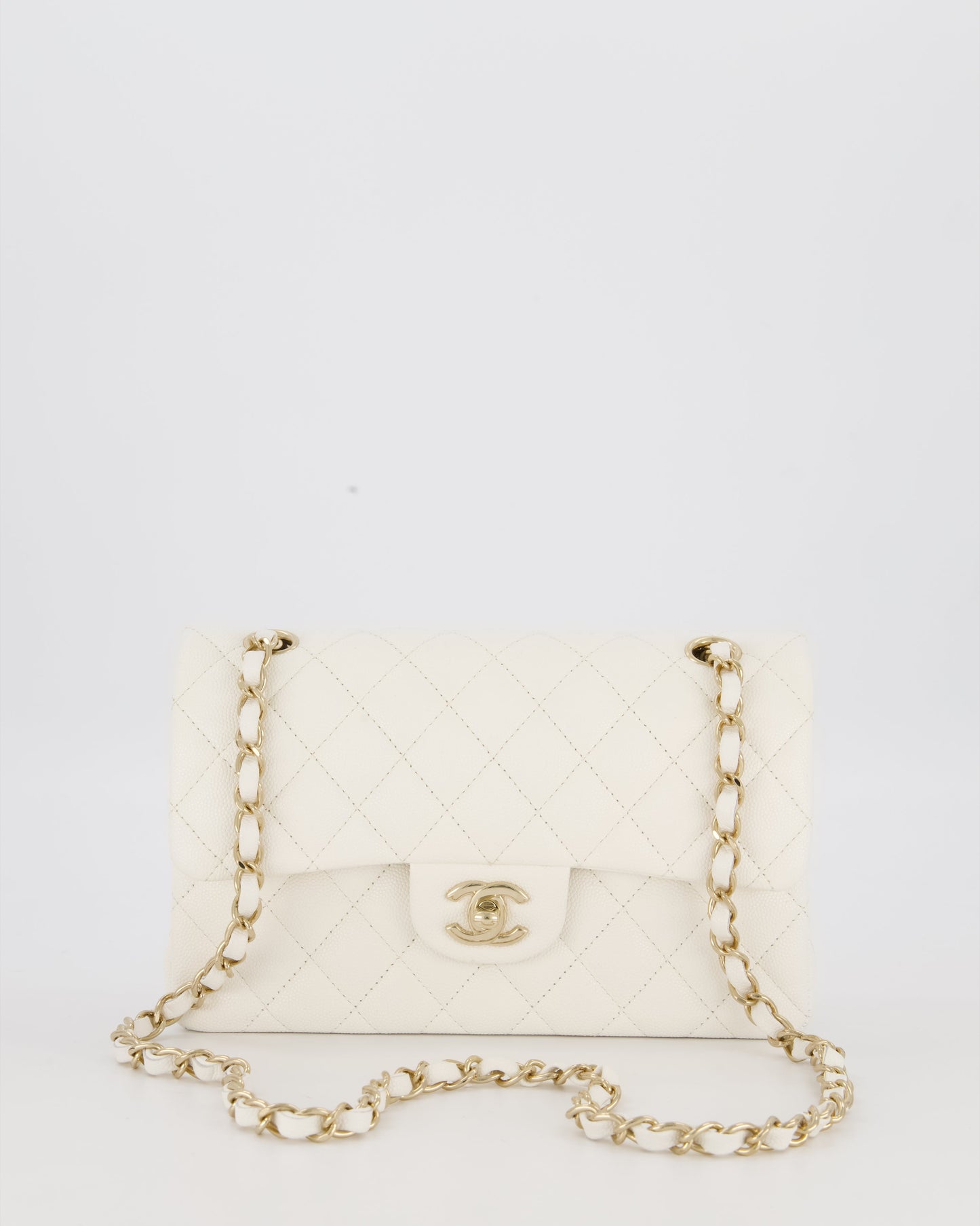 Chanel Small Classic Double Flap Bag in White Caviar Leather with Champagne Gold Hardware