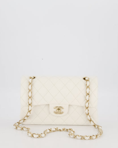 Chanel Small Classic Double Flap Bag in White Caviar Leather with Champagne Gold Hardware