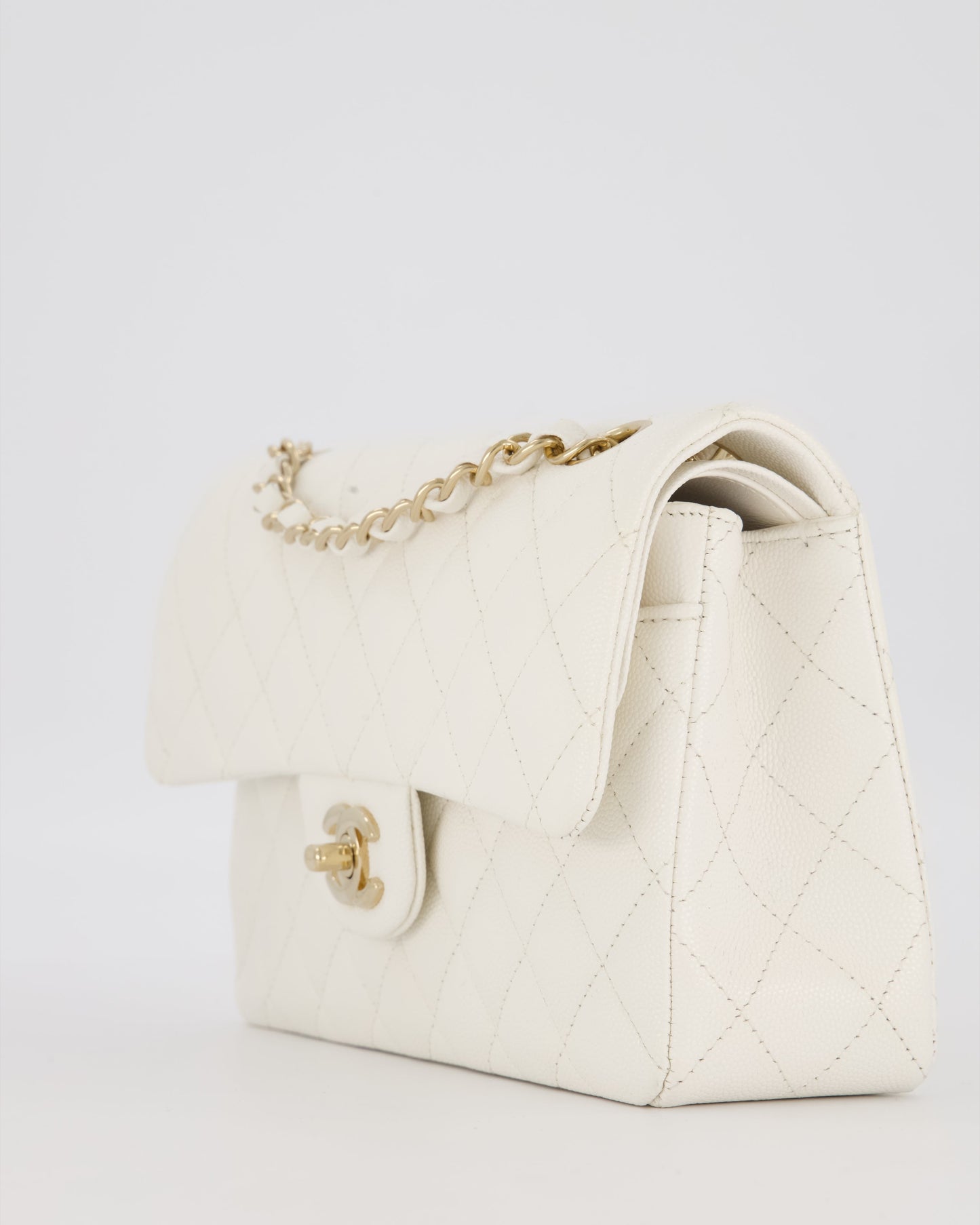Chanel Small Classic Double Flap Bag in White Caviar Leather with Champagne Gold Hardware