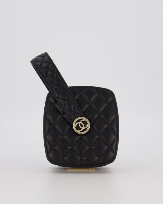 Chanel 22P Makeup Top Handle Clutch Bag in Black Lambskin with Champagne Gold Hardware and CC Logo Detail