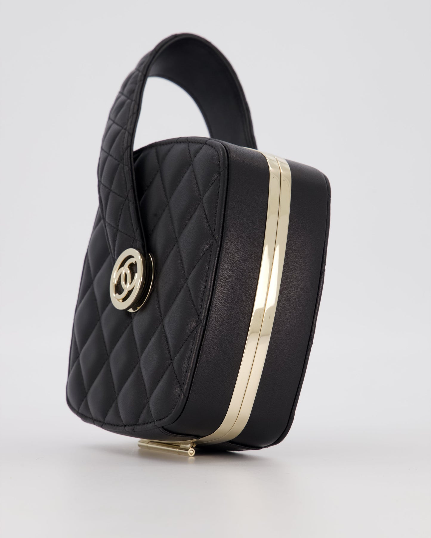 Chanel 22P Makeup Top Handle Clutch Bag in Black Lambskin with Champagne Gold Hardware and CC Logo Detail