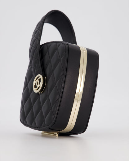 Chanel 22P Makeup Top Handle Clutch Bag in Black Lambskin with Champagne Gold Hardware and CC Logo Detail