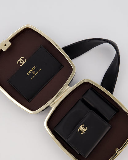 Chanel 22P Makeup Top Handle Clutch Bag in Black Lambskin with Champagne Gold Hardware and CC Logo Detail