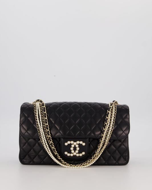 Chanel Black Medium Westminster Pearl Coco Single Flap Bag in Aged Lambskin Leather with Champagne Gold &amp; Pearl Chain and CC Lock Details