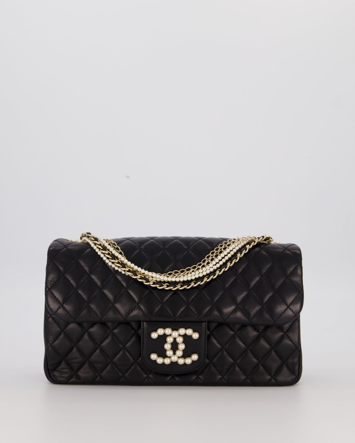 Chanel Black Medium Westminster Pearl Coco Single Flap Bag in Aged Lambskin Leather with Champagne Gold &amp; Pearl Chain and CC Lock Details