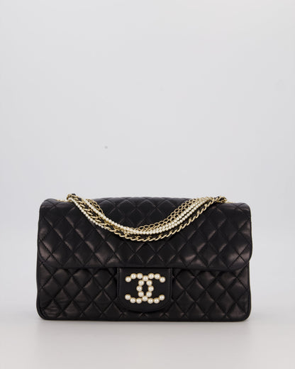 Chanel Black Medium Westminster Pearl Coco Single Flap Bag in Aged Lambskin Leather with Champagne Gold &amp; Pearl Chain and CC Lock Details