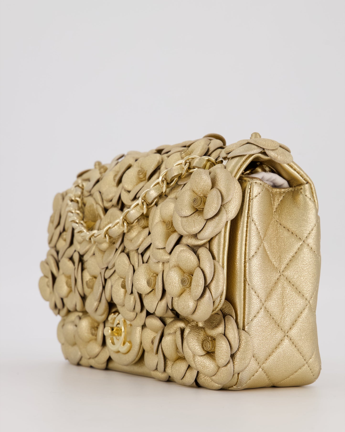 Chanel Camelia Flap Bag in Metallic Gold Lambskin Leather with Champagne Gold Hardware & Embellishment Details