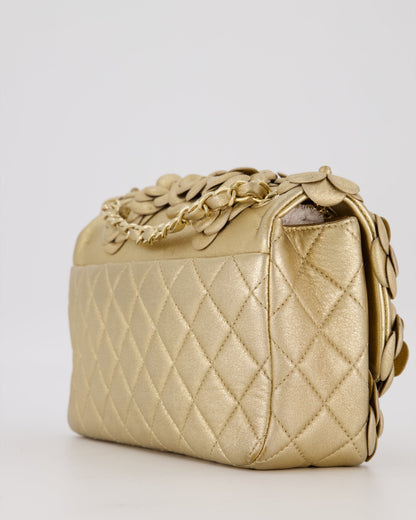 Chanel Camelia Flap Bag in Metallic Gold Lambskin Leather with Champagne Gold Hardware & Embellishment Details