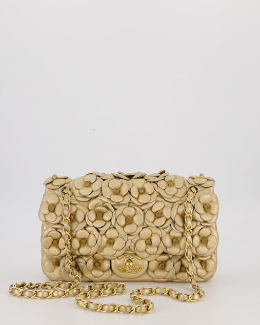 Chanel Camelia Flap Bag in Metallic Gold Lambskin Leather with Champagne Gold Hardware & Embellishment Details