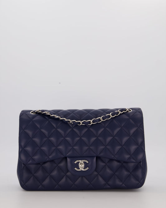Chanel Navy Jumbo Classic Double Flap Bag in Lambskin Leather with Silver Hardware