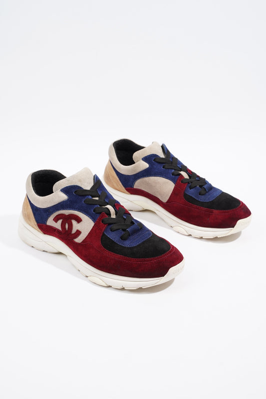 Chanel CC Logo Sneaker Maroon   Navy   Beige Suede EU 41.5 UK 7.5