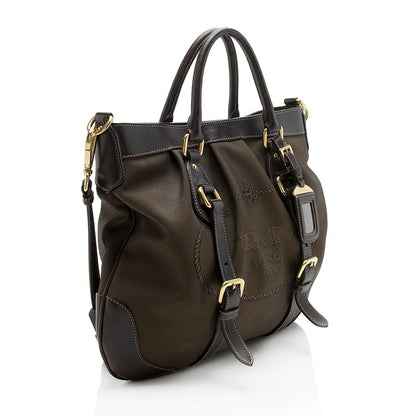 Prada Jacquard Leather Logo Pleated Tote (SHF-11750)