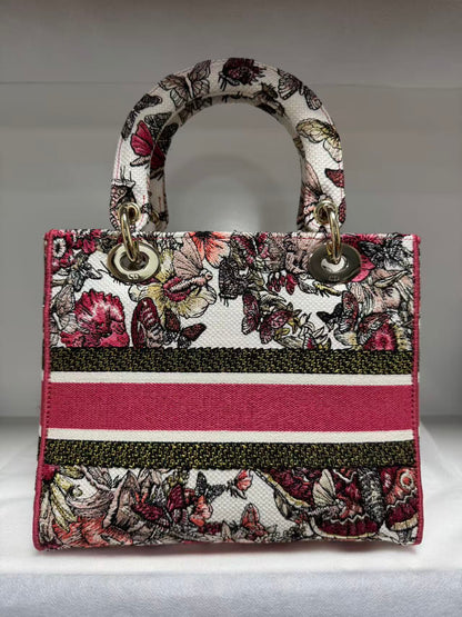 Pre-owned Certified Dior Lady D-Lite Medium Butterfly Floral Embroidered Canvas with Light Golden Hardware, 2021, w/ dust bag, strap