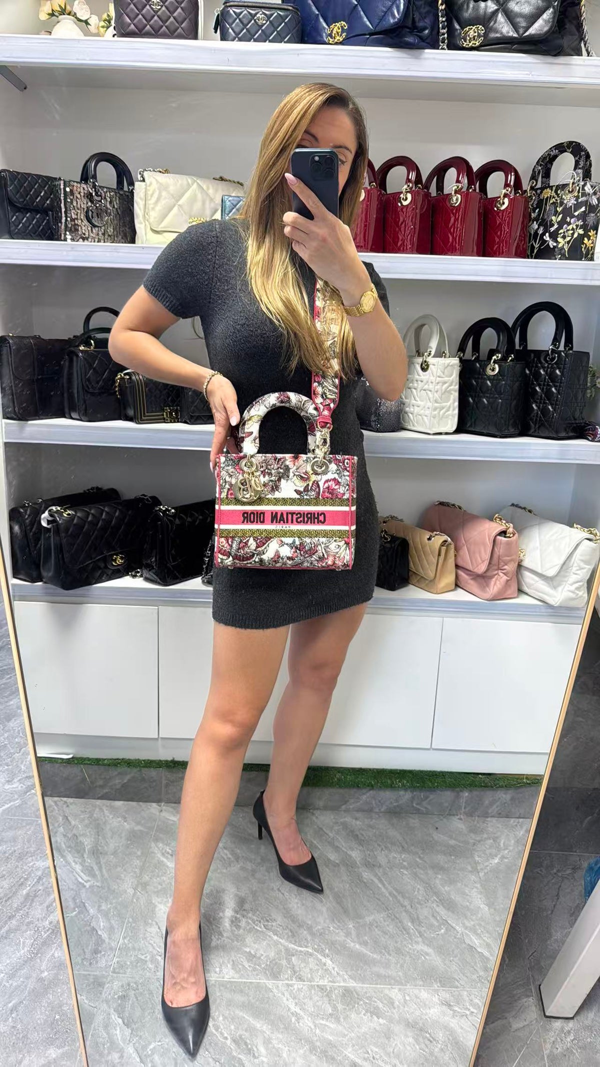 Pre-owned Certified Dior Lady D-Lite Medium Butterfly Floral Embroidered Canvas with Light Golden Hardware, 2021, w/ dust bag, strap
