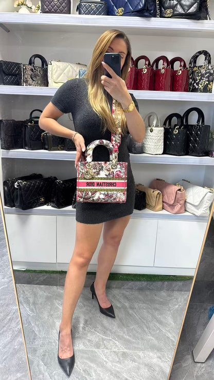 Pre-owned Certified Dior Lady D-Lite Medium Butterfly Floral Embroidered Canvas with Light Golden Hardware, 2021, w/ dust bag, strap