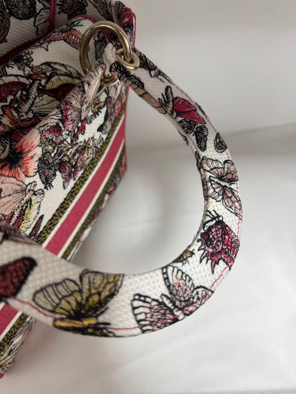 Pre-owned Certified Dior Lady D-Lite Medium Butterfly Floral Embroidered Canvas with Light Golden Hardware, 2021, w/ dust bag, strap