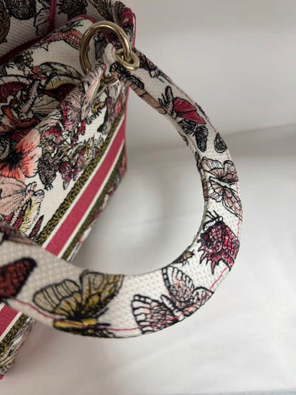 Pre-owned Certified Dior Lady D-Lite Medium Butterfly Floral Embroidered Canvas with Light Golden Hardware, 2021, w/ dust bag, strap