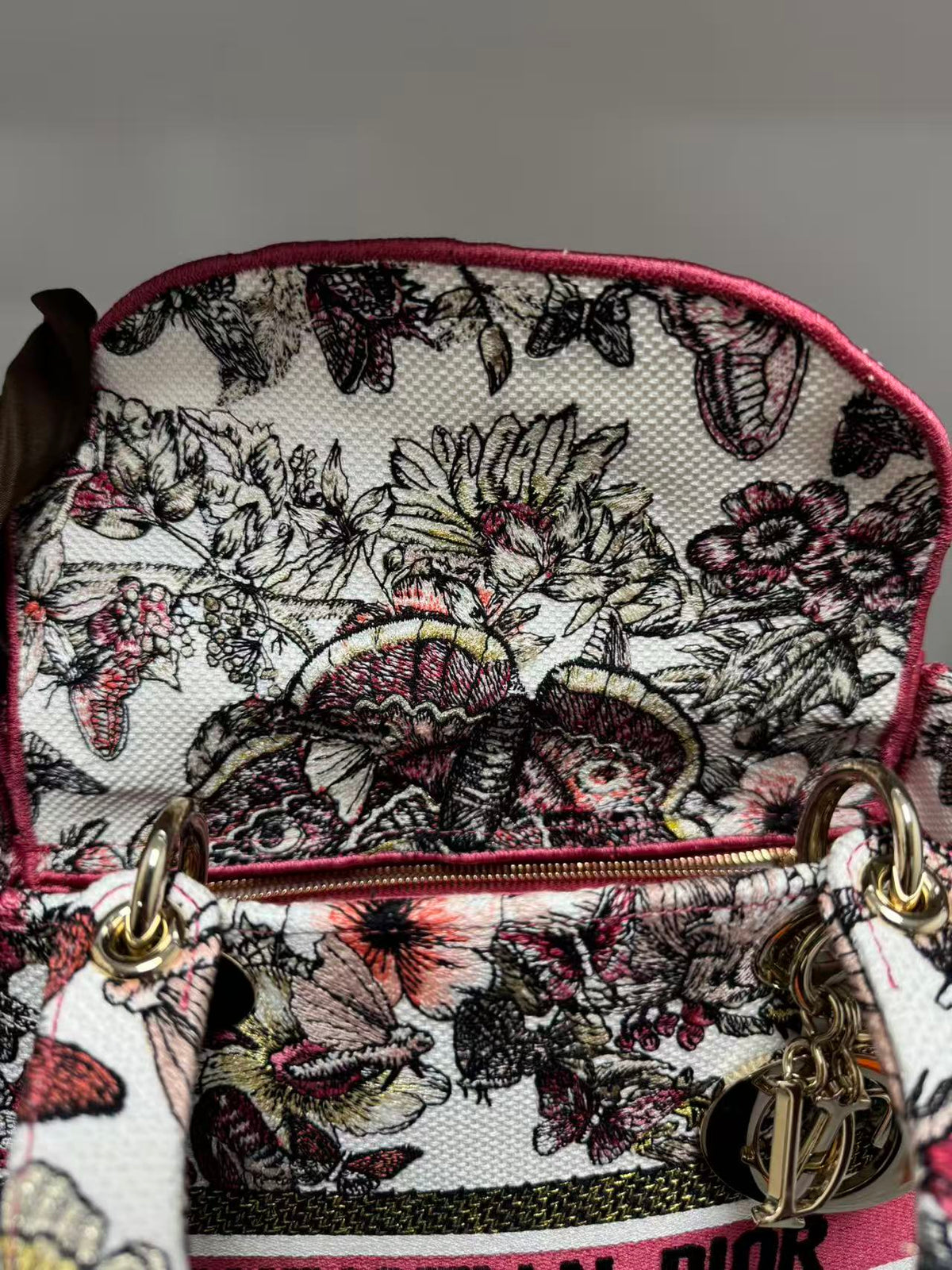 Pre-owned Certified Dior Lady D-Lite Medium Butterfly Floral Embroidered Canvas with Light Golden Hardware, 2021, w/ dust bag, strap
