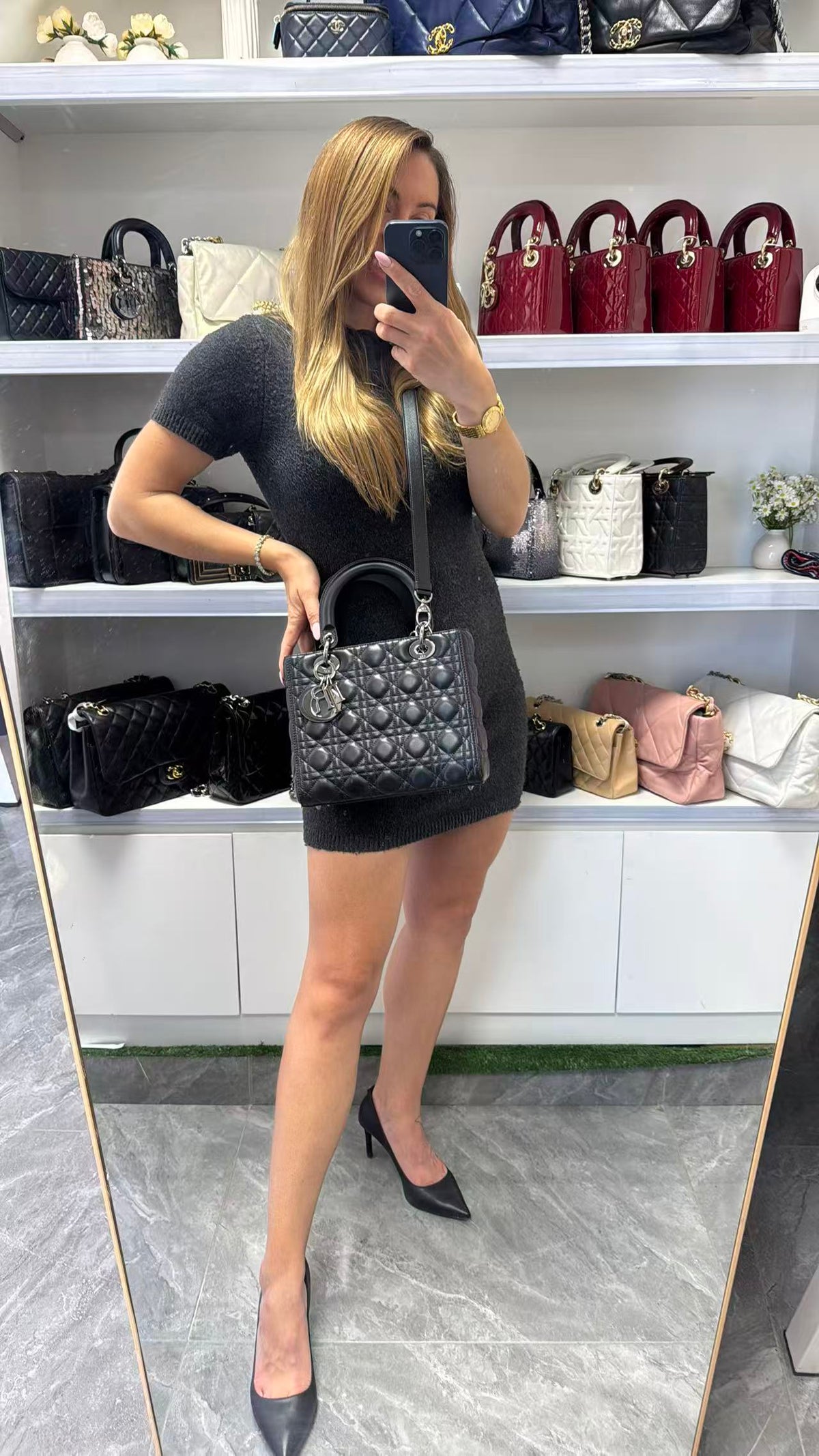 Pre-owned Certified Dior Medium Lady Dior Black Cannage Quilted Lambskin with Shiny Black Hardware, 2022, w/ Dior dust bag, leather strap