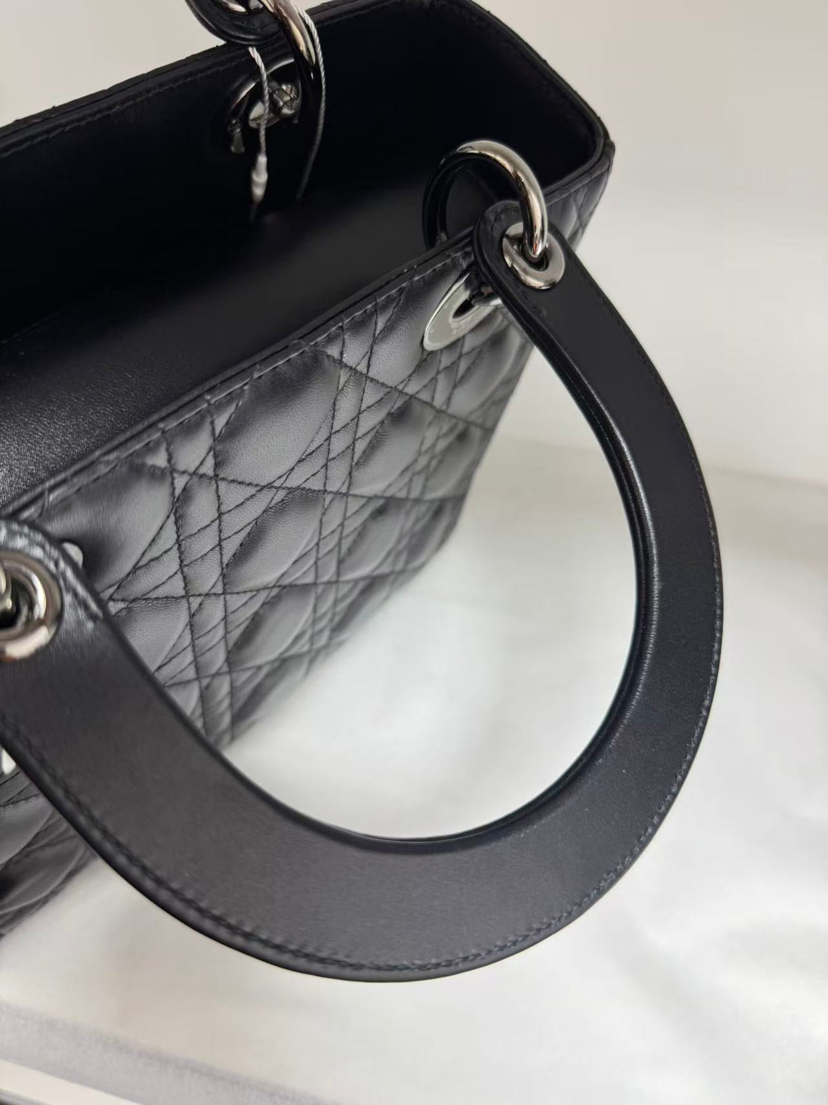 Pre-owned Certified Dior Medium Lady Dior Black Cannage Quilted Lambskin with Shiny Black Hardware, 2022, w/ Dior dust bag, leather strap