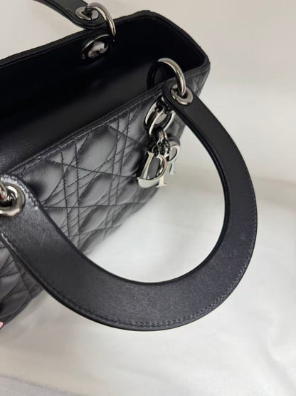 Pre-owned Certified Dior Medium Lady Dior Black Cannage Quilted Lambskin with Shiny Black Hardware, 2022, w/ Dior dust bag, leather strap