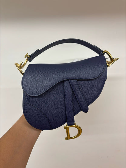 Pre-owned Certified Dior Mini Saddle Bag in Blue Grained Calfskin with Golden Hardware, w/ Dior Strap, Dust Bag