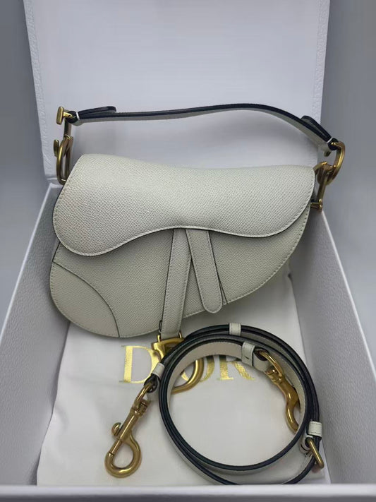 Pre-owned Certified Dior Mini Saddle White Grained Calfskin with Golden Hardware, New Model with Leather Strap, 2022, w/ full set