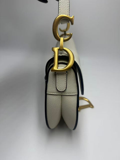 Pre-owned Certified Dior Mini Saddle White Grained Calfskin with Golden Hardware, New Model with Leather Strap, 2022, w/ full set