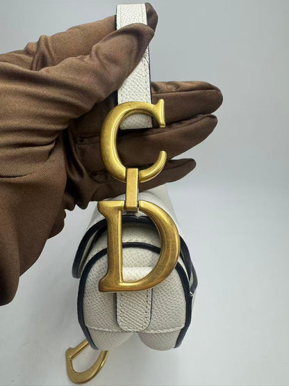 Pre-owned Certified Dior Mini Saddle White Grained Calfskin with Golden Hardware, New Model with Leather Strap, 2022, w/ full set