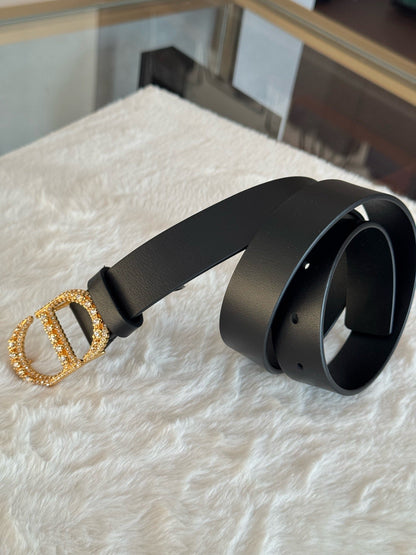 Pre-owned Certified Dior Montaigne 30 Belt Black Calfskin with Golden Crystal Hardware, Size 70, 2022, w/ box