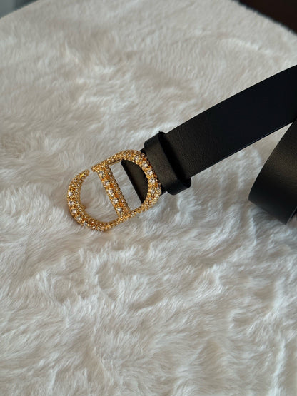 Pre-owned Certified Dior Montaigne 30 Belt Black Calfskin with Golden Crystal Hardware, Size 70, 2022, w/ box