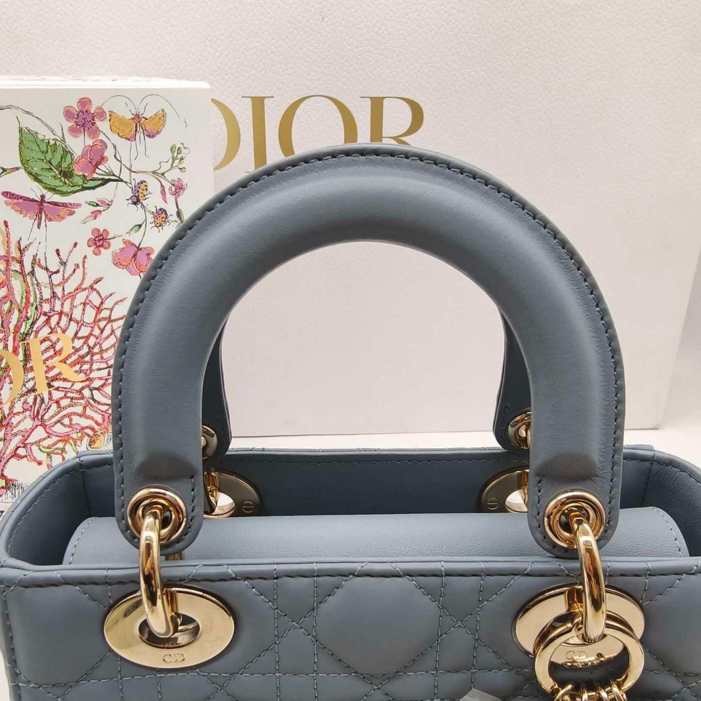 Pre-owned Certified Dior MyABC Dior Small Sky Blue Lambskin Golden Hardware and Blue Charms, Full Set