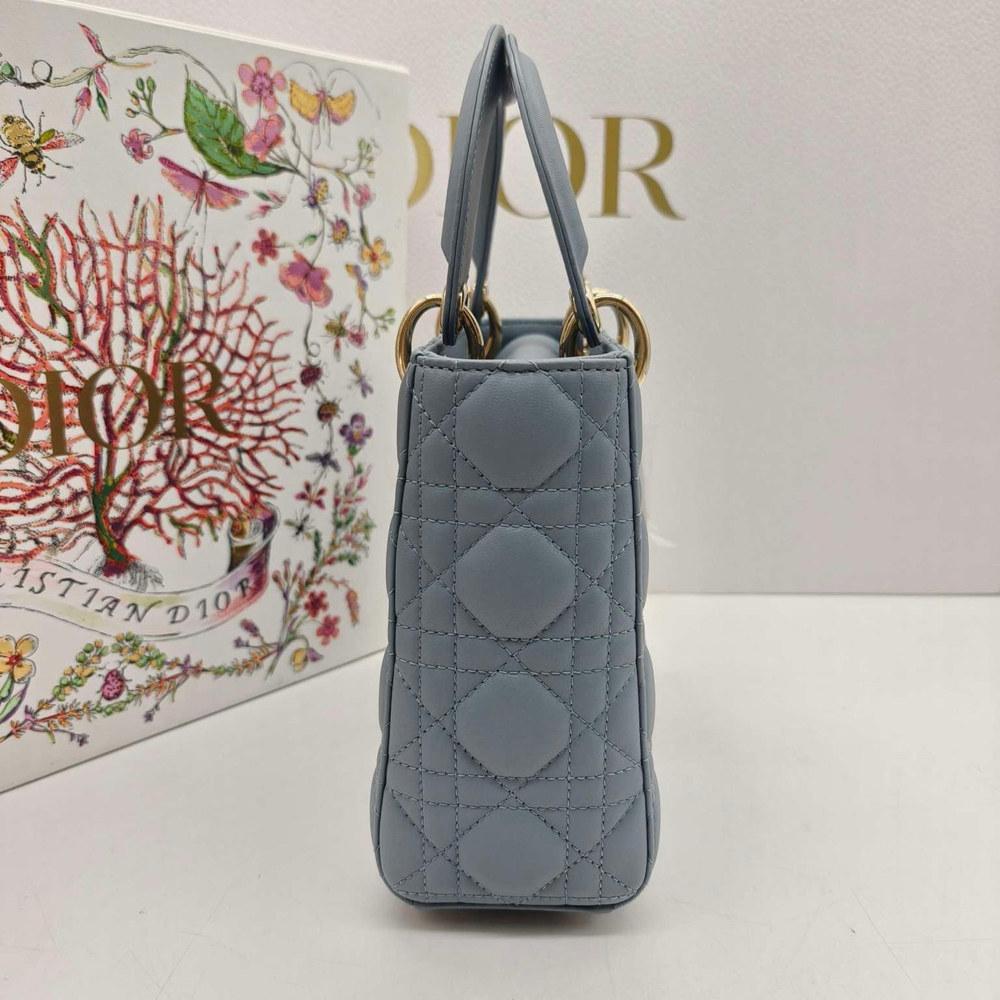 Pre-owned Certified Dior MyABC Dior Small Sky Blue Lambskin Golden Hardware and Blue Charms, Full Set