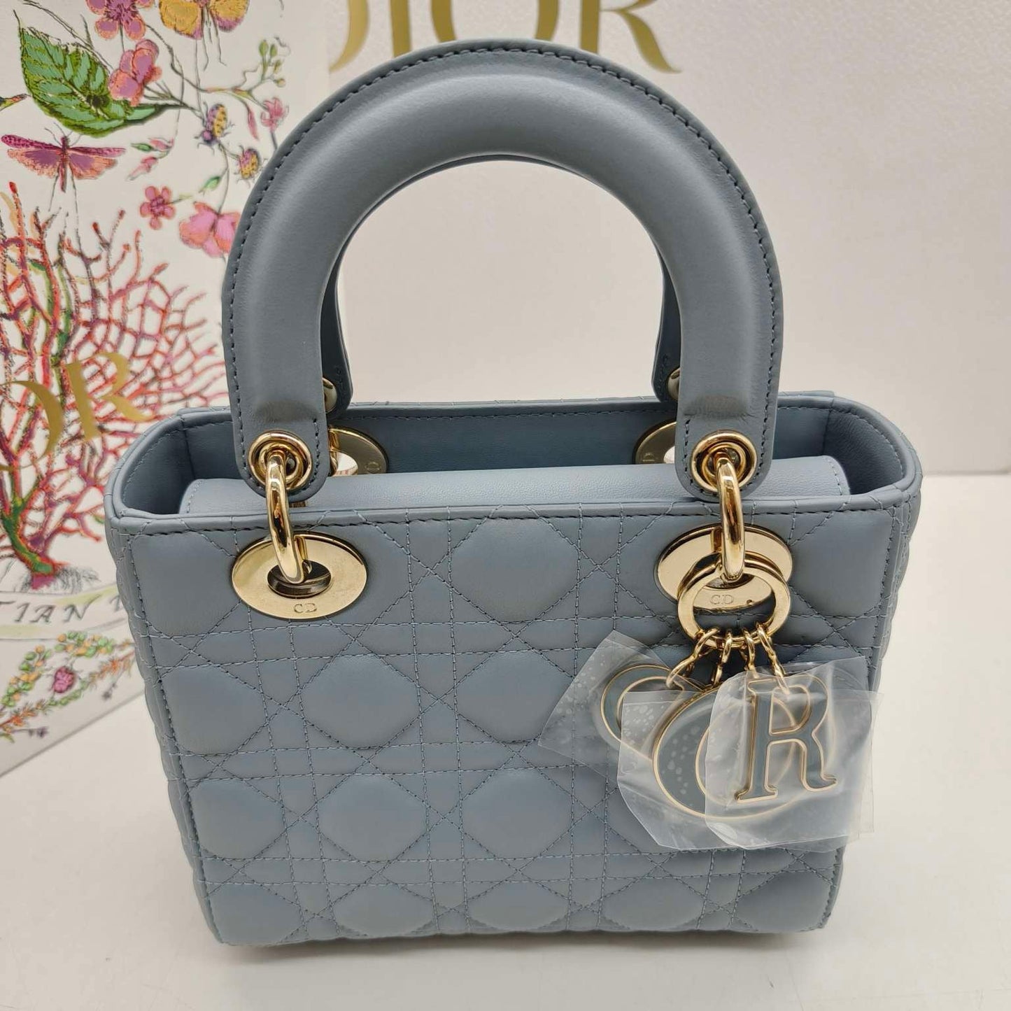 Pre-owned Certified Dior MyABC Dior Small Sky Blue Lambskin Golden Hardware and Blue Charms, Full Set