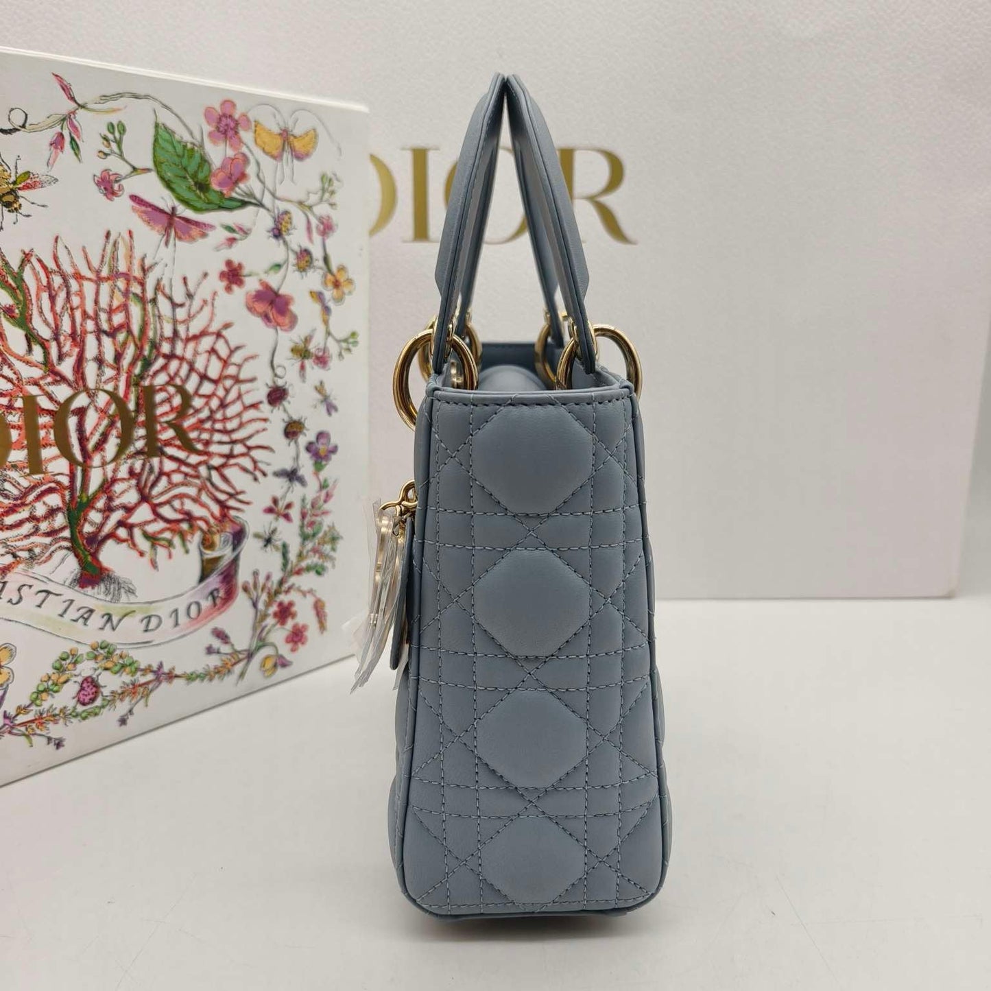 Pre-owned Certified Dior MyABC Dior Small Sky Blue Lambskin Golden Hardware and Blue Charms, Full Set