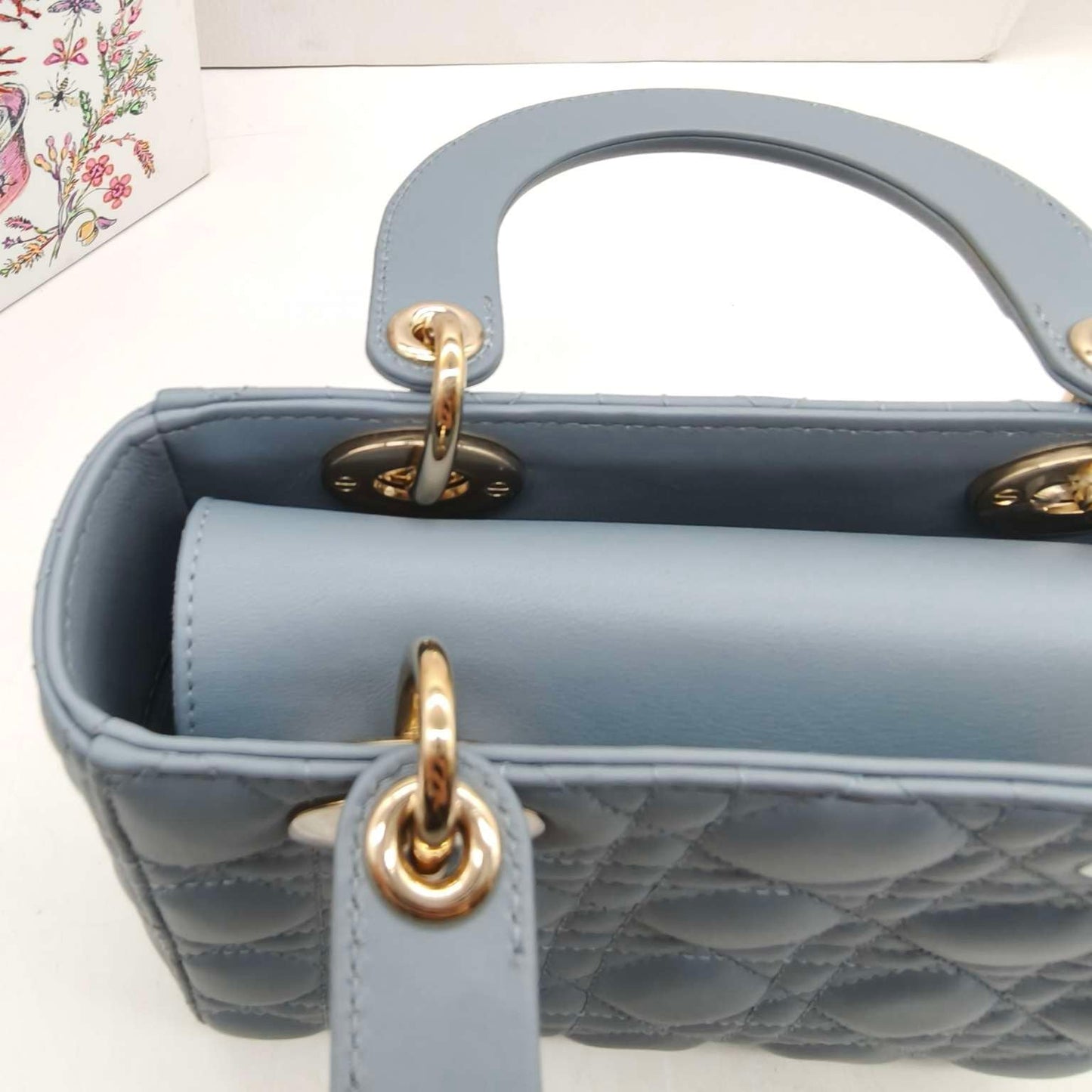 Pre-owned Certified Dior MyABC Dior Small Sky Blue Lambskin Golden Hardware and Blue Charms, Full Set