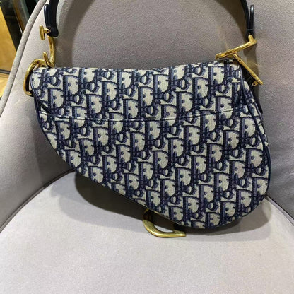 Pre-owned Certified Dior Saddle Bag Blue Oblique Canvas with Golden Hardware, w/ dust bag