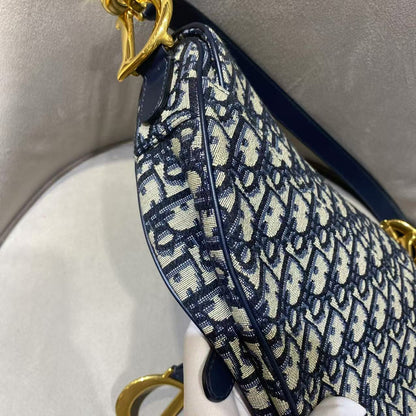 Pre-owned Certified Dior Saddle Bag Blue Oblique Canvas with Golden Hardware, w/ dust bag