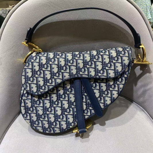 Pre-owned Certified Dior Saddle Bag Blue Oblique Canvas with Golden Hardware, w/ dust bag