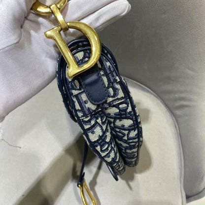 Pre-owned Certified Dior Saddle Bag Blue Oblique Canvas with Golden Hardware, w/ dust bag