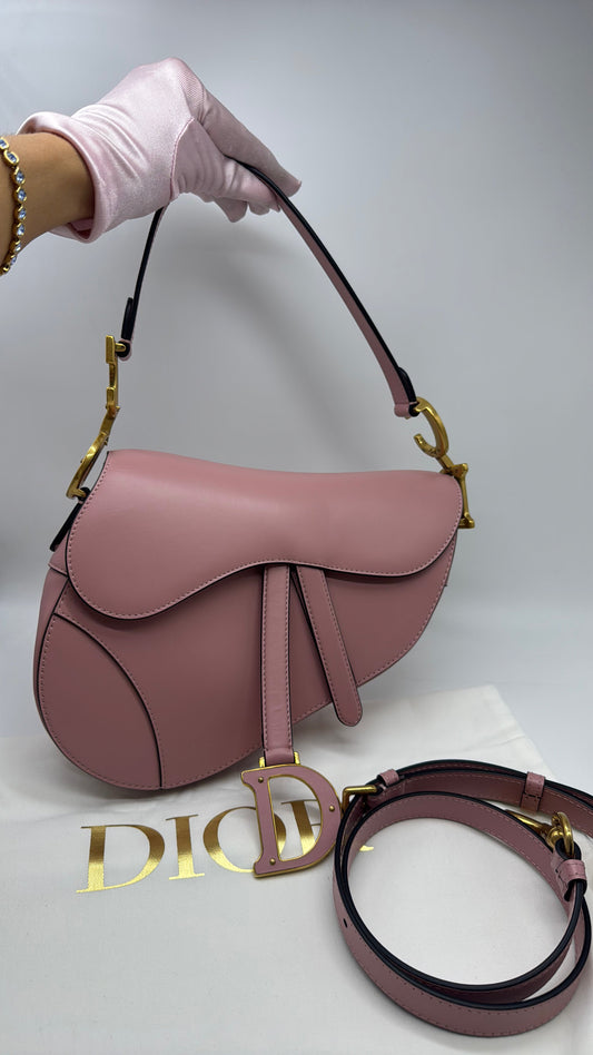 Pre-owned Certified Dior Saddle Bag Sakura Pink Smooth Calfskin with Leather CD logo and Golden Hardware, 2023 New Model, w/ strap, dust bag